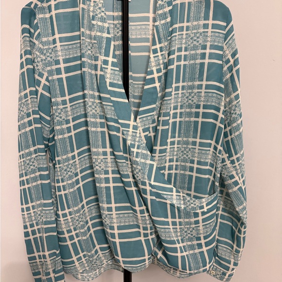 CAbi Windowpane Faux Wrap Blouse Teal Blue Cream Plaid Chiffon Boho Office #3068 - Picture 2 of 8